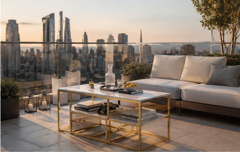 Table basse en marbre blanc et cadre doré sur une terrasse avec vue sur la ville au coucher du soleil