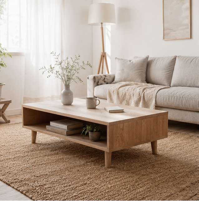 Table basse Nolane avec rangement ouvert dans un salon lumineux