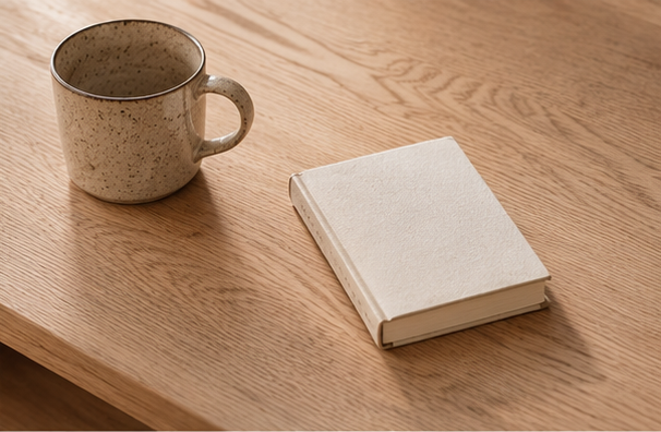 Gros plan sur une tasse et un livre posés sur la table Nolane