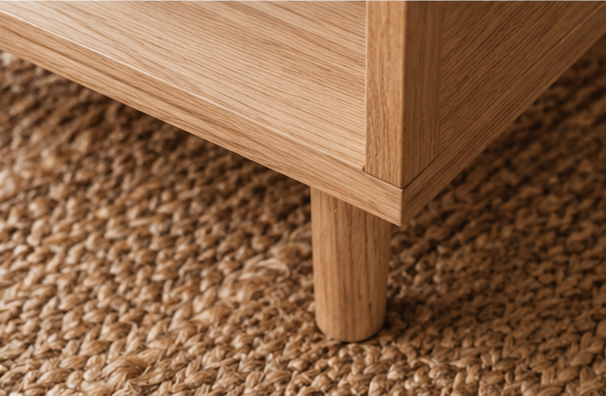 Gros plan sur le pied et l'angle en bois de la table basse Nolane