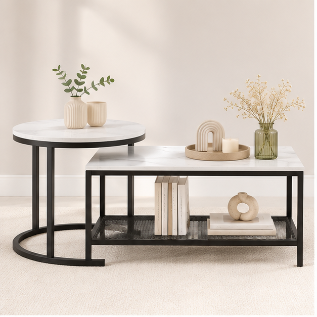 Duo de tables gigognes Novara, marbre blanc et structure noire, vue de face