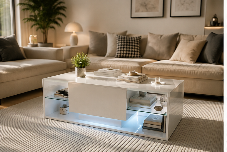 Table basse rangement Nyxa laque blanche LED salon lumineux