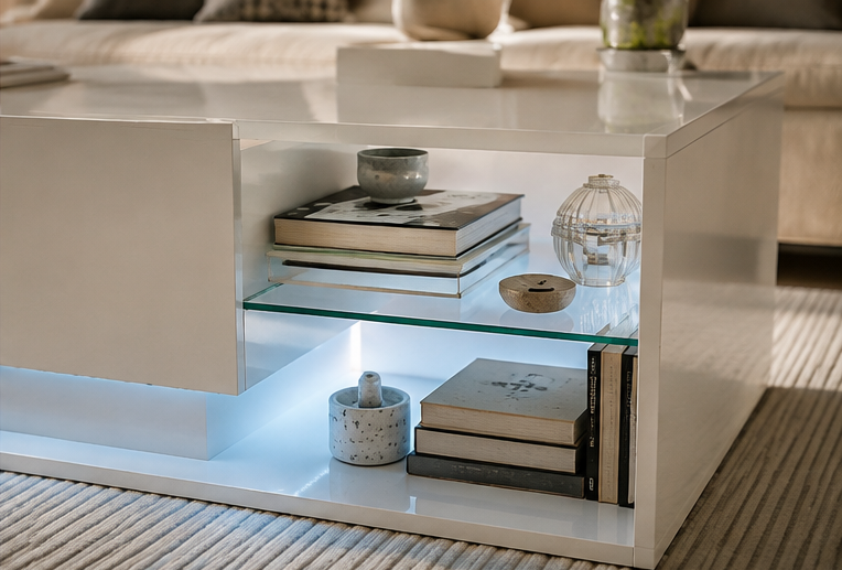 Table Nyxa étagères ouvertes verre livres LED bleutée rangement