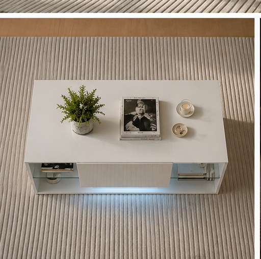 Table basse Nyxa vue de dessus laque blanche plateau tapis strié