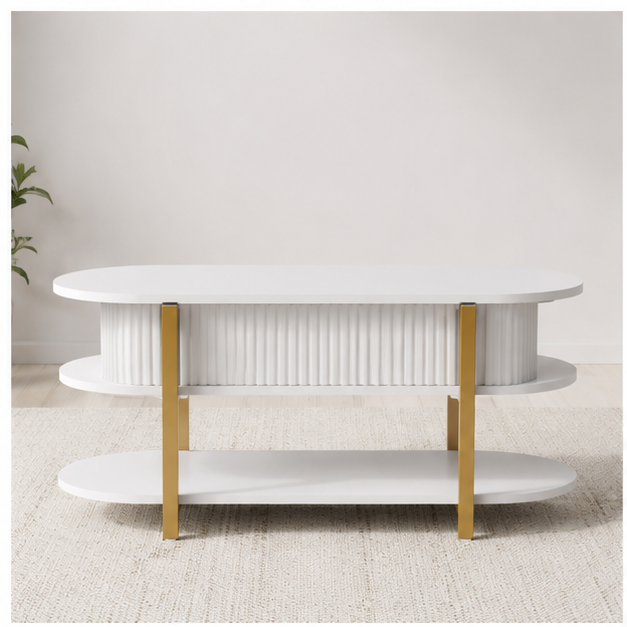 Table basse Oblina blanche et dorée, plateau relevable fermé, vue de face