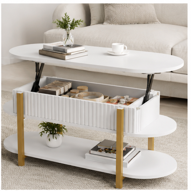Table basse Oblina plateau relevé avec rangement ouvert dans un salon