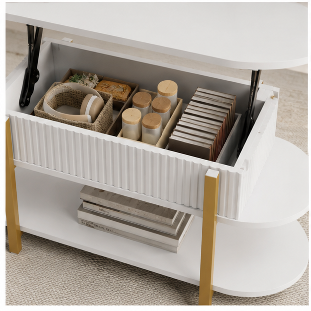 Gros plan sur le rangement intérieur de la table basse Oblina