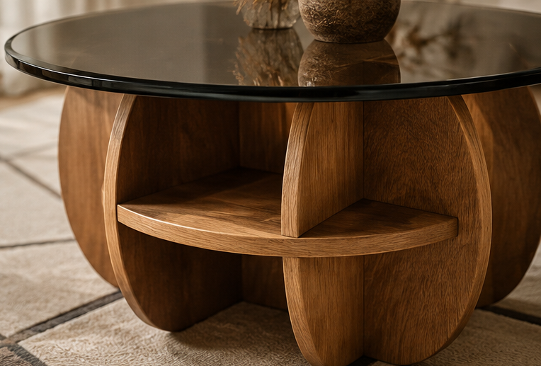 Table Onaya détail structure bois sculpté niches rangement verre fumé