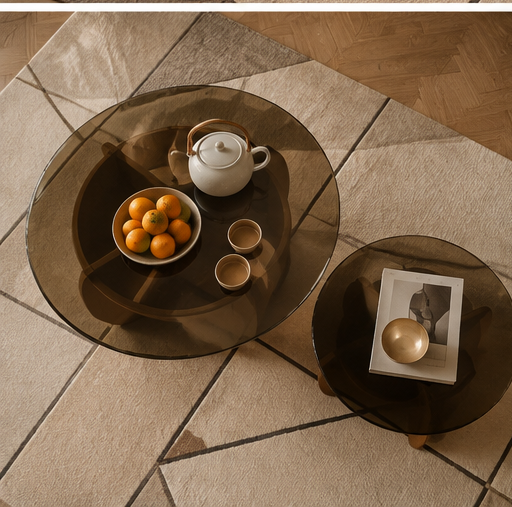 Duo tables Onaya vue de dessus plateaux verre fumé rangement