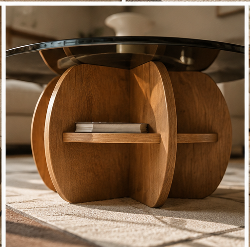 Table Onaya contre-plongée structure bois sculpté rangement niches