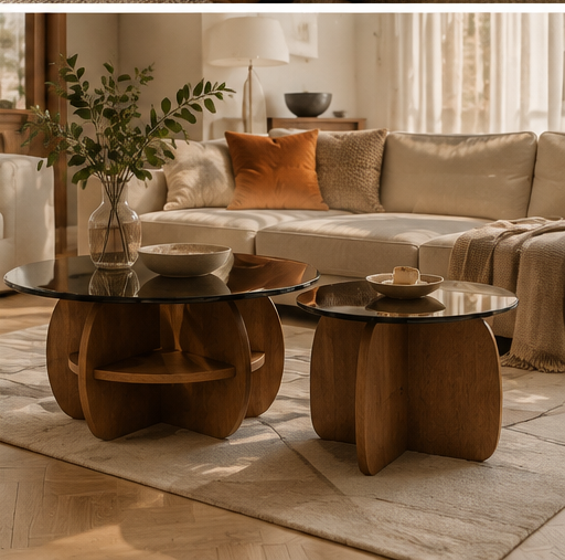 Duo tables gigognes Onaya salon chaleureux bois sculpté coussins