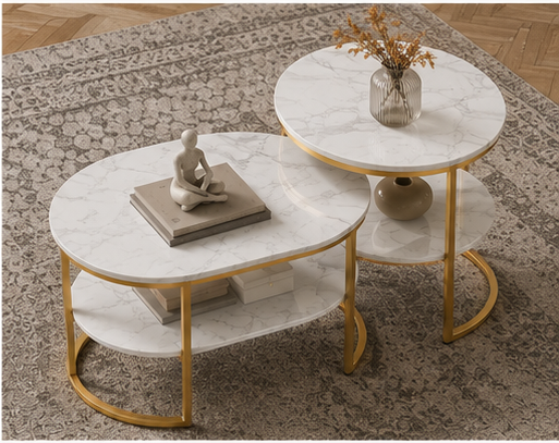 Duo de tables gigognes ovales Onyca sur un tapis avec statuette, livres et vase