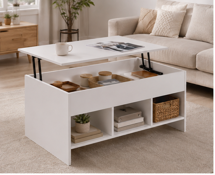 Table basse Practica avec plateau relevable et rangements blancs