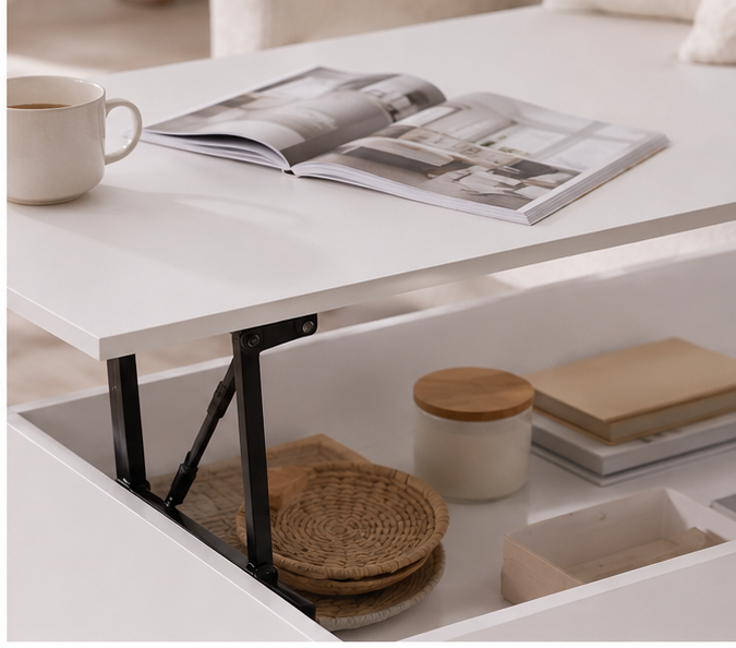 Gros plan sur le rangement intérieur de la table Practica