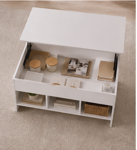 Vue du dessus de la table Practica avec rangements ouverts et objets déco