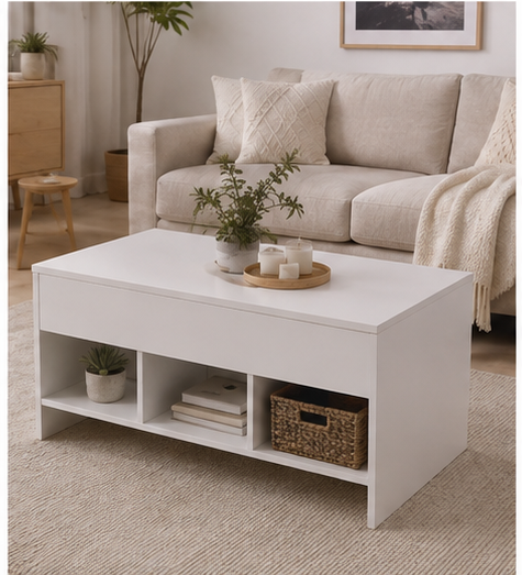 Table basse Practica blanche dans un salon avec canapé beige