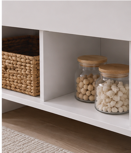 Gros plan sur le rangement et les pots de la table Practica