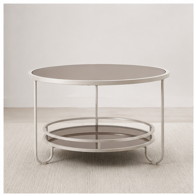 Table basse ronde double plateau verre teinté, structure blanche, vue de face