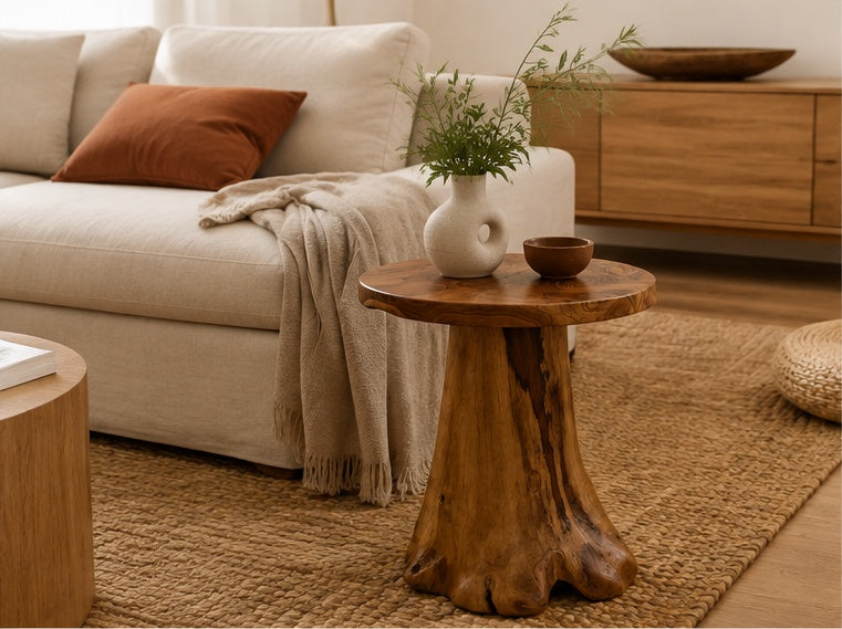 Table d'appoint Séquoia en tronc de bois massif dans un salon