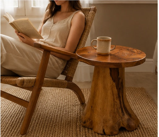 Femme lisant à côté de la table Séquoia en tronc de bois massif