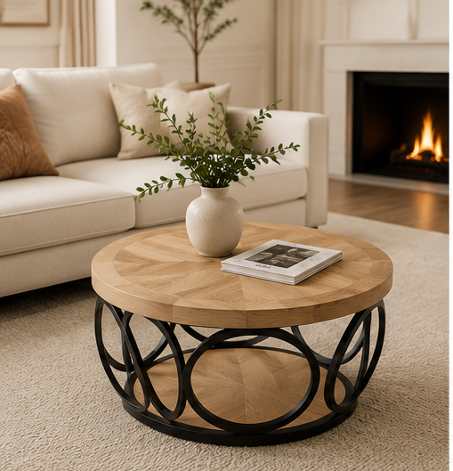 Table basse Solara ronde en bois chevrons dans un salon lumineux près d'une cheminée