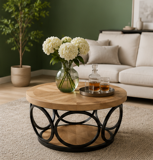 Table basse Solara ronde en bois chevrons dans un salon avec mur vert et fleurs blanches