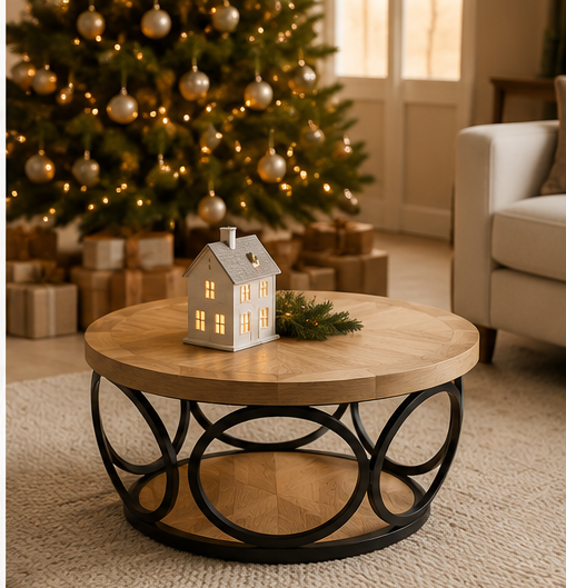 Table basse Solara ronde en bois chevrons dans un salon décoré pour les fêtes