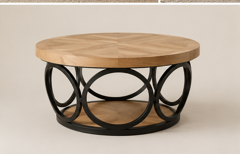 Table basse Solara vue de face isolée montrant la structure en anneaux métalliques noirs