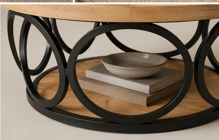 Gros plan sur les anneaux métalliques et le rangement du niveau inférieur de la table Solara