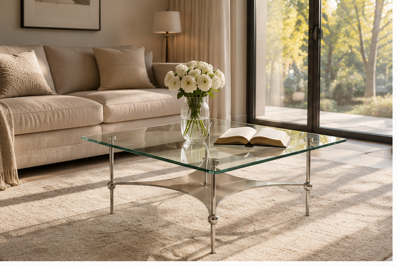 Table basse verre trempé Solene structure chromée salon lumineux