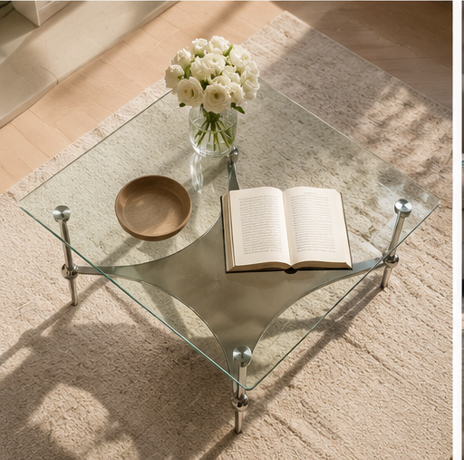 Table basse Solene plateau verre trempé vue de dessus tapis clair