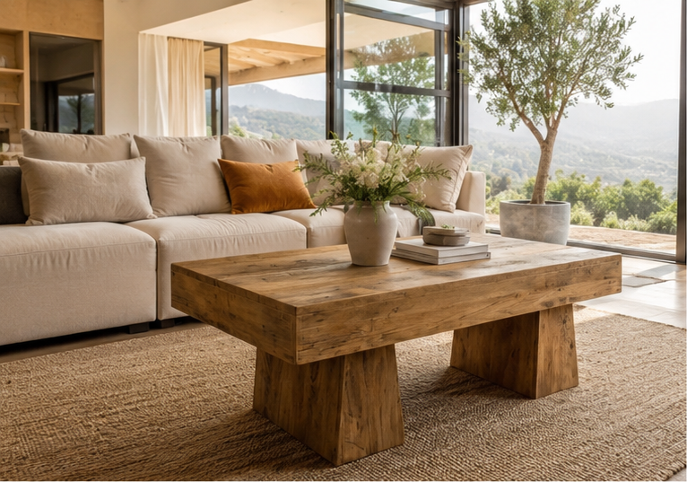 Table basse Torven bois massif base sculpturale salon lumineux