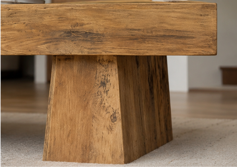 Table Torven détail bloc triangulaire bois massif veinage