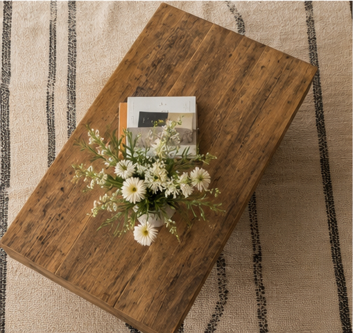 Table basse Torven vue de dessus plateau bois massif tapis graphique