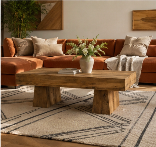 Table basse Torven bois massif salon canapé terracotta