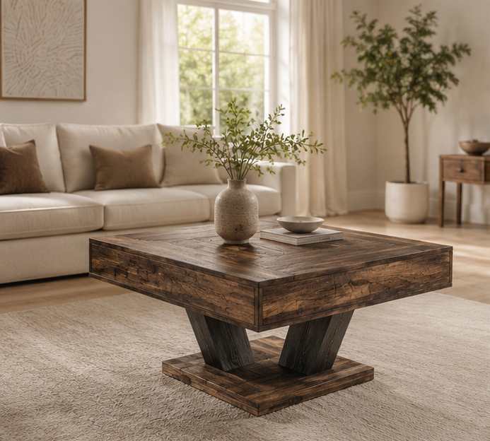Table basse Vexor pieds en V bois foncé dans un salon lumineux avec plante verte