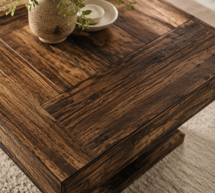Gros plan sur le veinage du plateau en bois foncé de la table basse Vexor