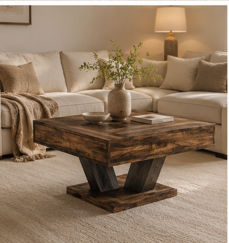 Table basse Vexor pieds en V dans un salon cosy avec canapé beige et lampe