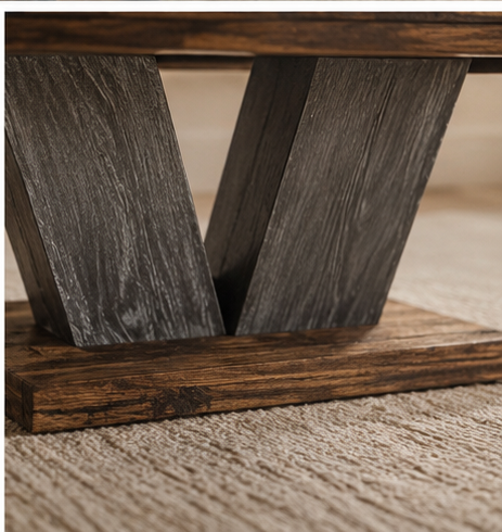 Gros plan sur les pieds en V et la base en bois foncé de la table basse Vexor
