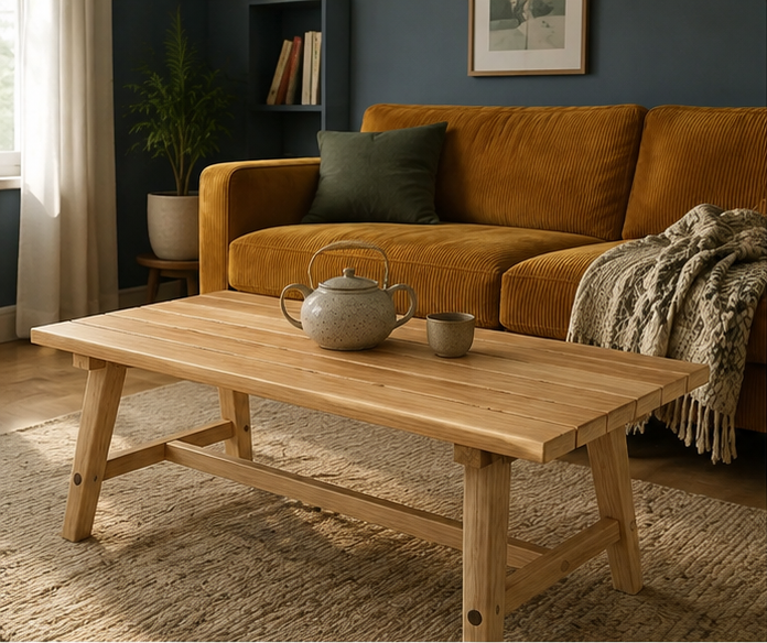 Table basse Vézelay en bois clair dans un salon avec canapé orange