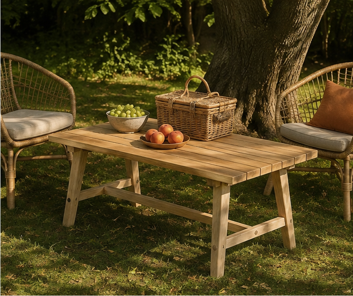 Table basse Vézelay en bois clair en extérieur avec fruits et panier