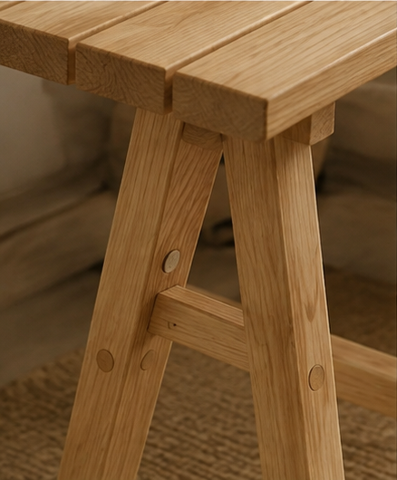 Gros plan sur le pied compas en bois de la table Vézelay