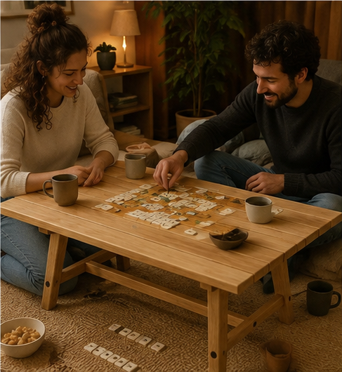 Couple assis autour de la table basse Vézelay en jouant à un jeu de société