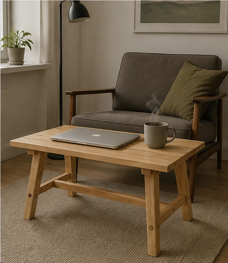 Table basse Vézelay avec ordinateur portable et café dans un salon lumineux